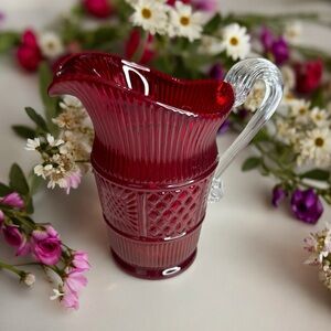 Fenton Art Glass Cranberry Creamer Pitcher 5”x3” Hand Blown Clear Handle 1990s